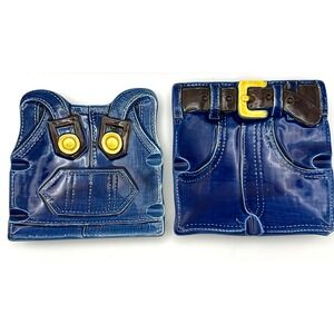 Vintage Japan Ceramic Denim Blue Jeans Overalls Ashtray Trinket Dish Set of 2